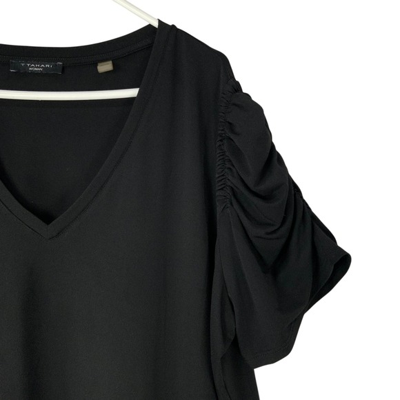 T Tahari Ruched Sleeve V-Neck Blouse Women 2X Polyester Spandex Black Workwear - Picture 2 of 7